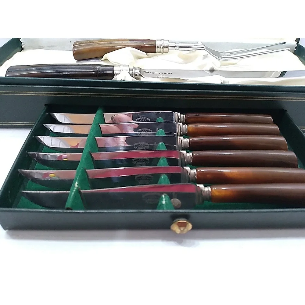 Vtg Sheffield 8 Piece Stainless Steel Carving Knife, Fork, Steak Knives W/ Case